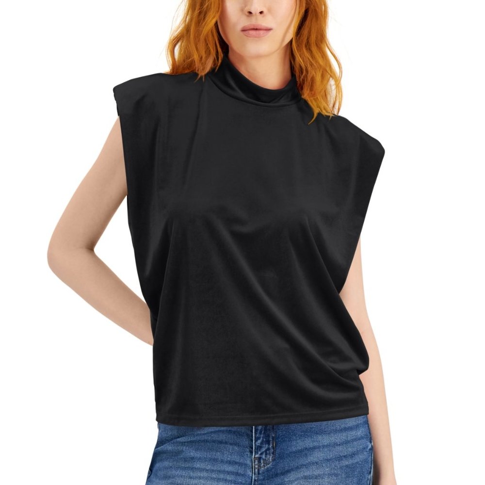 NWT INC Deep Black Mock Neck Sleeveless Velvet Top Women's Size Medium